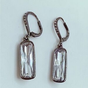 Givenchy Black GunMetal Clear Faceted Crystal Dramatic Dangle Earrings 1.5 in